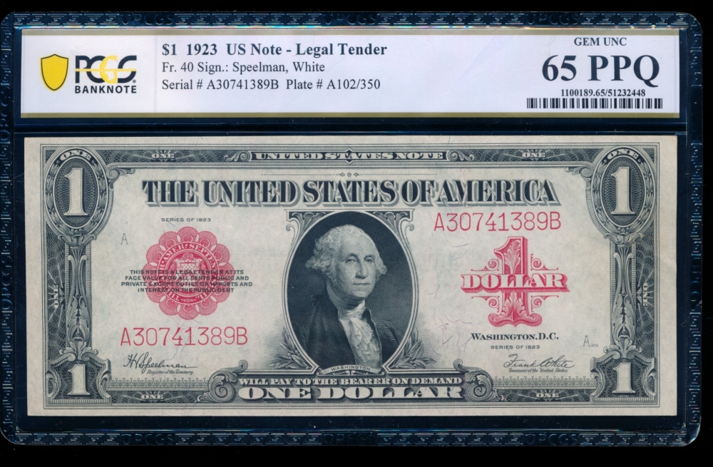 Fr. 40 1923 $1  Legal Tender  PCGS 65PPQ A30741389B