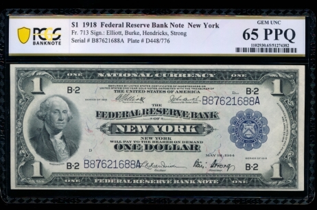 Fr. 713 1918 $1  FRBN New York PCGS 65PPQ B87621688A