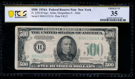 Fr. 2202-B 1934A $500  Federal Reserve Note New York PCGS 35 B00412523A