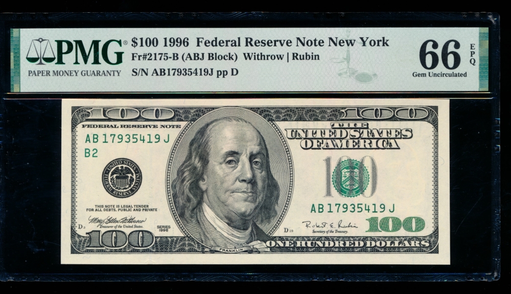 Fr. 2175-B 1996 $100  Federal Reserve Note New York PMG 66EPQ AB17935419J