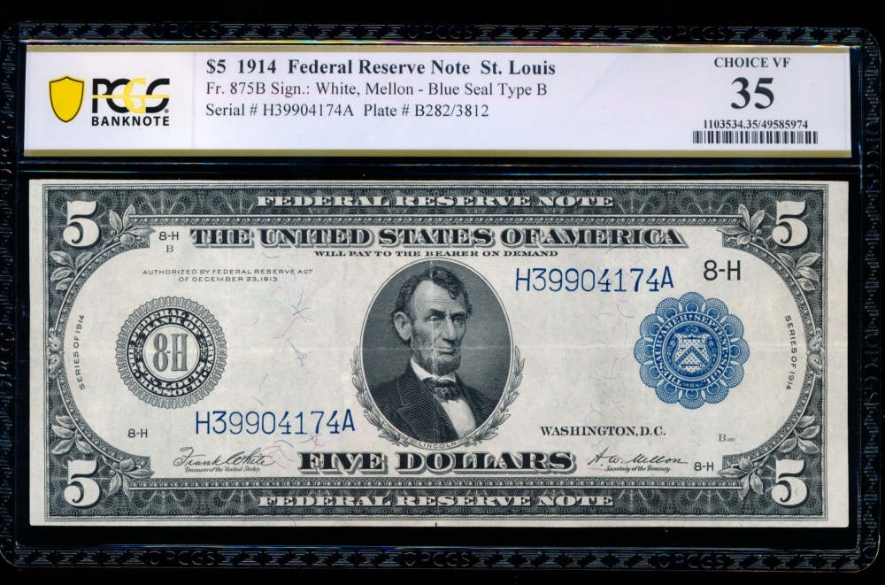 Fr. 875b 1914 $5  Federal Reserve Note Saint Louis PCGS 35 H39904174A