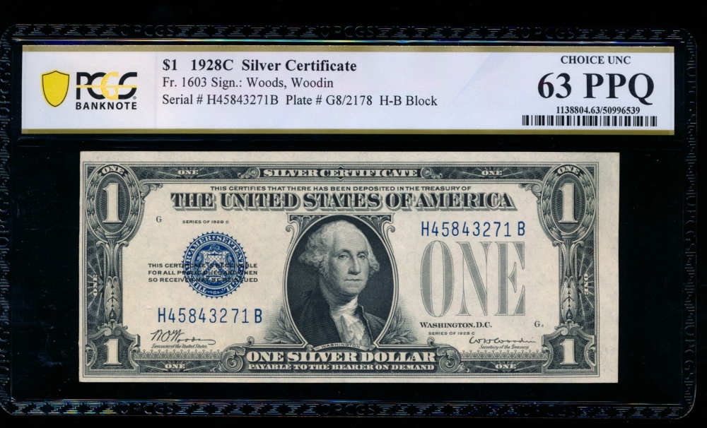 Fr. 1603 1928C $1  Silver Certificate HB block PCGS 63PPQ H45843271B