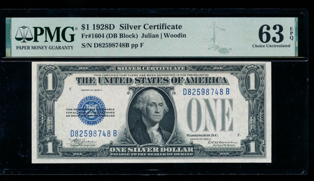 Fr. 1604 1928D $1  Silver Certificate DB block PMG 63EPQ D82598748B