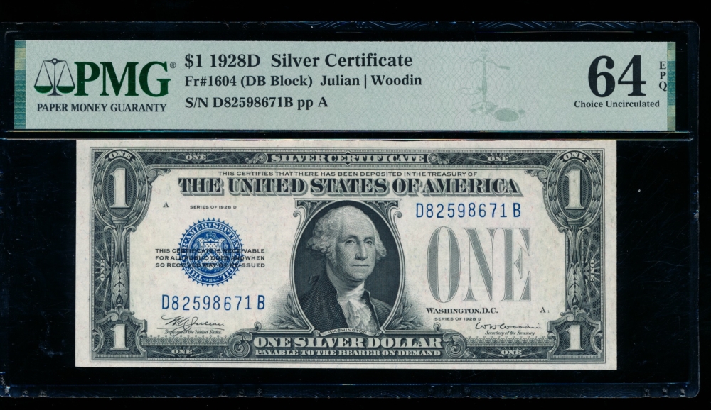 Fr. 1604 1928D $1  Silver Certificate DB block PMG 64EPQ D82598671B