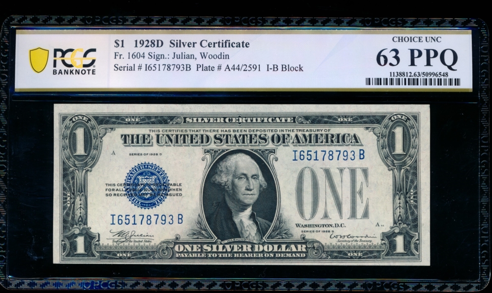 Fr. 1604 1928D $1  Silver Certificate IB block PCGS 63PPQ I65178793B