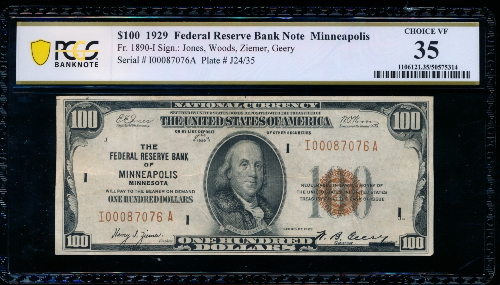 Fr. 1890-I 1929 $100  FRBN Minneapolis PCGS 35 I00087076A