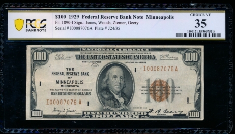 Fr. 1890-I 1929 $100  FRBN Minneapolis PCGS 35 I00087076A