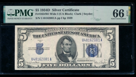 Fr. 1654 1934D $5  Silver Certificate Wide I, UA block PMG 66EPQ U48162081A