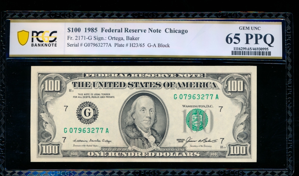 Fr. 2171-G 1985 $100  Federal Reserve Note Chicago PCGS 65PPQ G07963277A