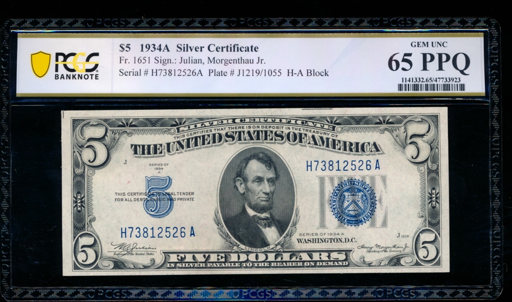 Fr. 1651 1934A $5  Silver Certificate HA block PCGS 65PPQ H73812526A