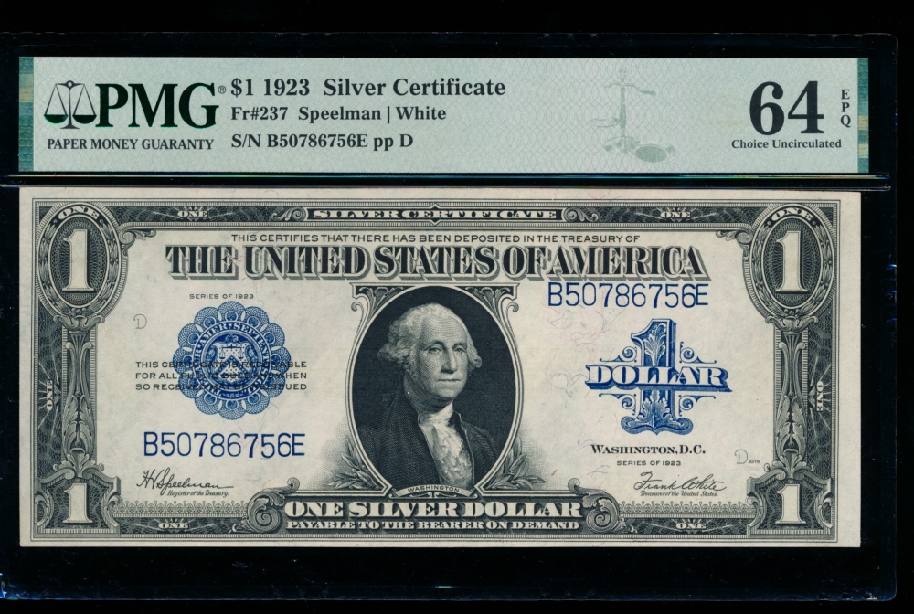 Fr. 237 1923 $1  Silver Certificate BE nlock PMG 64EPQ B50786756E