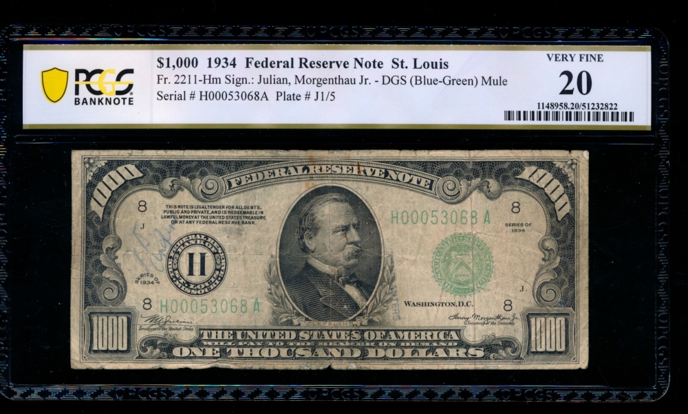 Fr. 2211-H 1934 $1,000  Federal Reserve Note Saint Louis PCGS 20 comment H00053066A