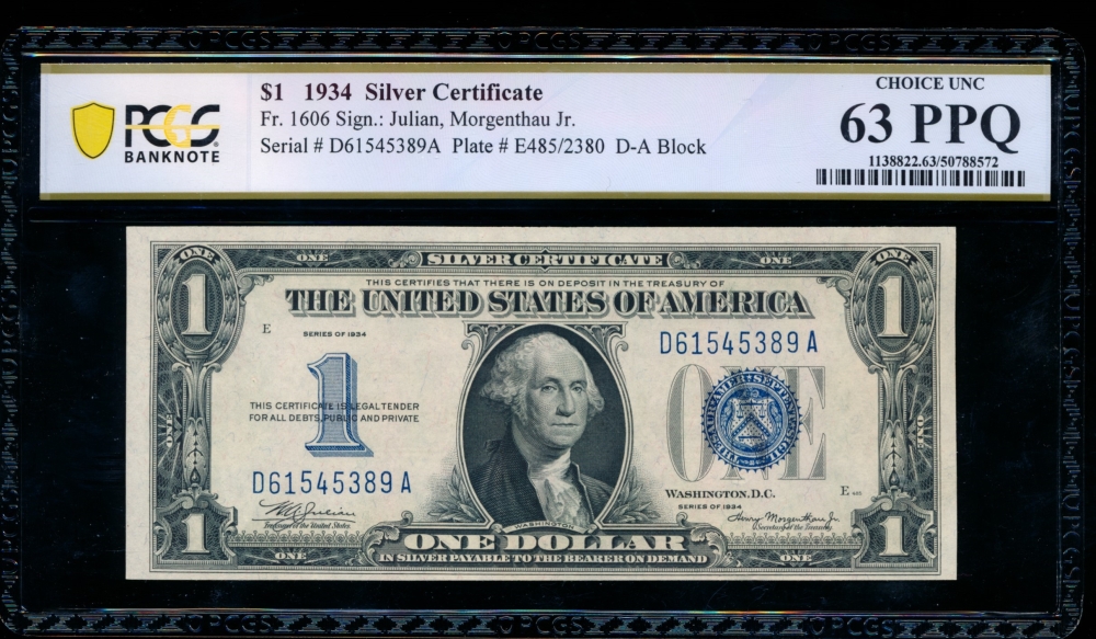 Fr. 1606 1934 $1  Silver Certificate DA block PCGS 63PPQ D61545389A