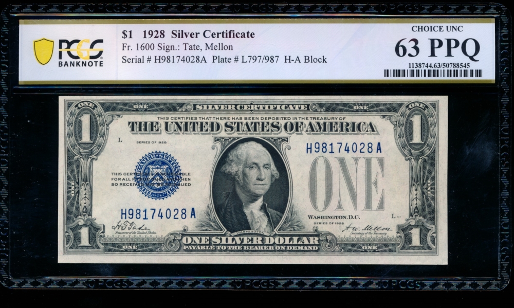 Fr. 1600 1928 $1  Silver Certificate HA block PCGS 63PPQ H98174028A