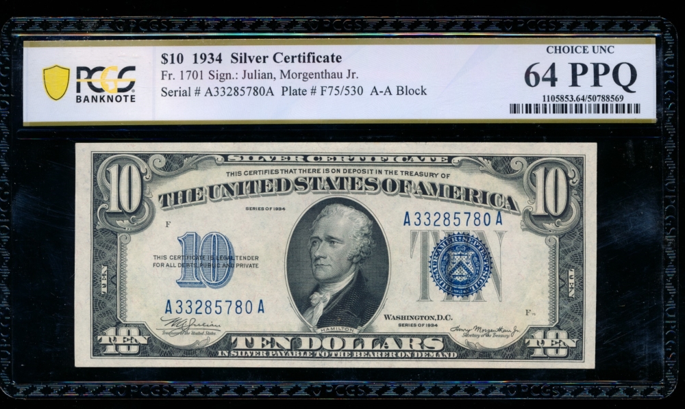 Fr. 1701 1934 $10  Silver Certificate AA block PCGS 64PPQ A33285780A