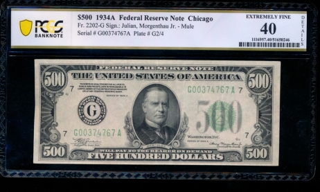 Fr. 2202-G 1934A $500  Federal Reserve Note Chicago PCGS 40 details G00374767A