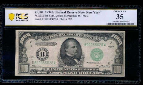 Fr. 2212-B 1934A $1,000  Federal Reserve Note New York PCGS 35 B00385828A