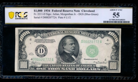 Fr. 2211-D 1934 $1,000  Federal Reserve Note Cleveland PCGS 55 D00020772A