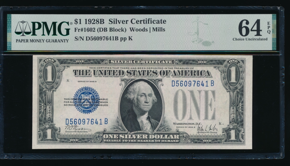 Fr. 1602 1928B $1  Silver Certificate DB block PMG 64EPQ D56097641A