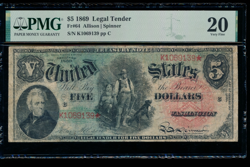 Fr. 64 1869 $5  Legal Tender  PMG 20 K1069139&