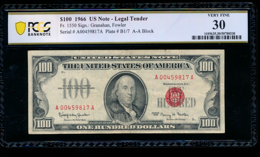 Fr. 1550 1966 $100  Legal Tender AA block PCGS 30 A00459817A