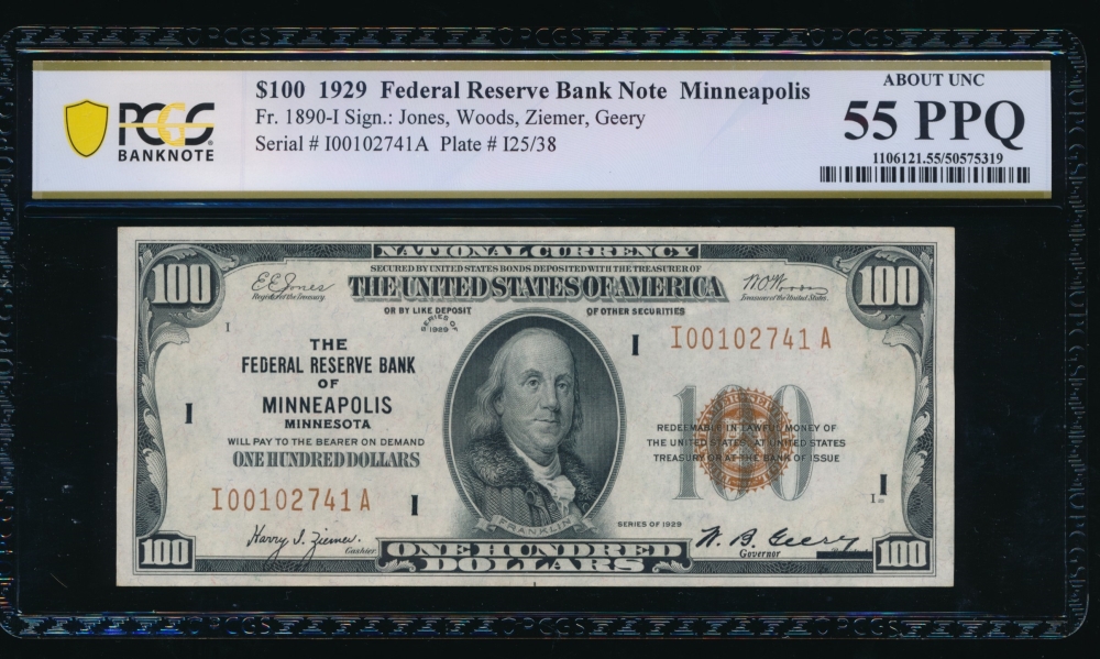 Fr. 1890-I 1929 $100  FRBN Minneapolis PCGS 55PPQ I00102741A