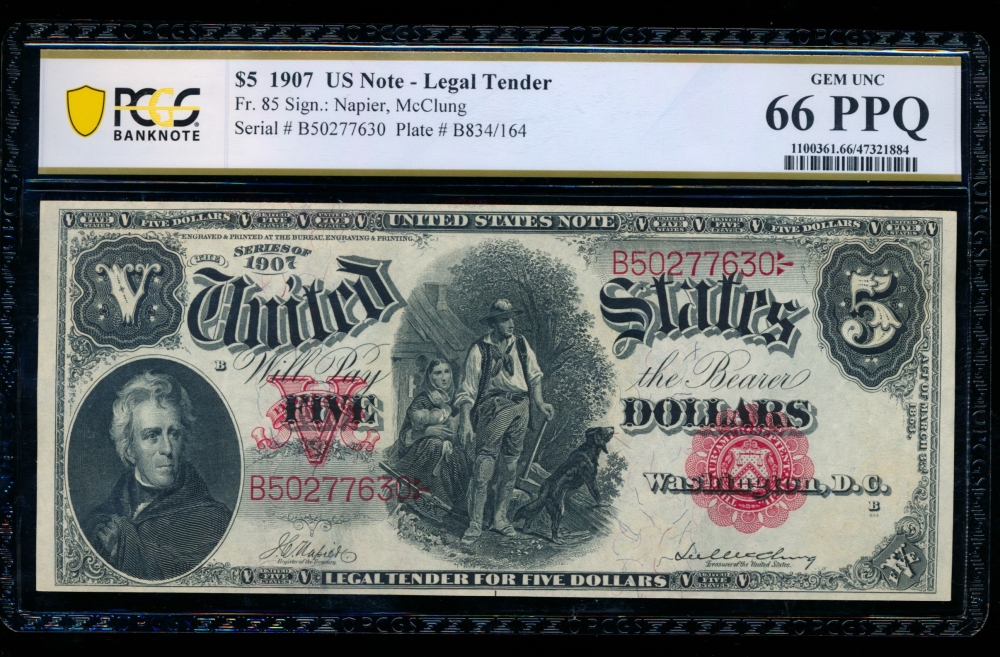 Fr. 85 1907 $5  Legal Tender  PCGS 66PPQ B50277630