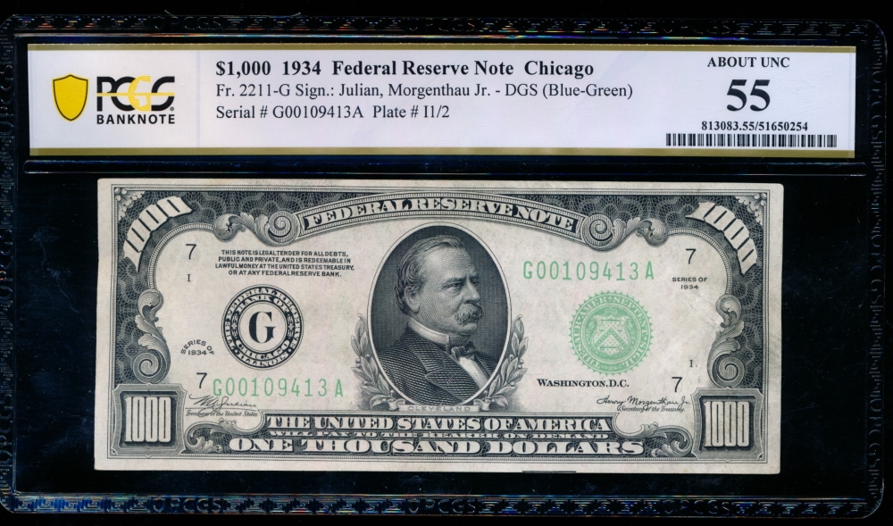 Fr. 2211-G 1934 $1,000  Federal Reserve Note Chicago PCGS 55 G00109413A