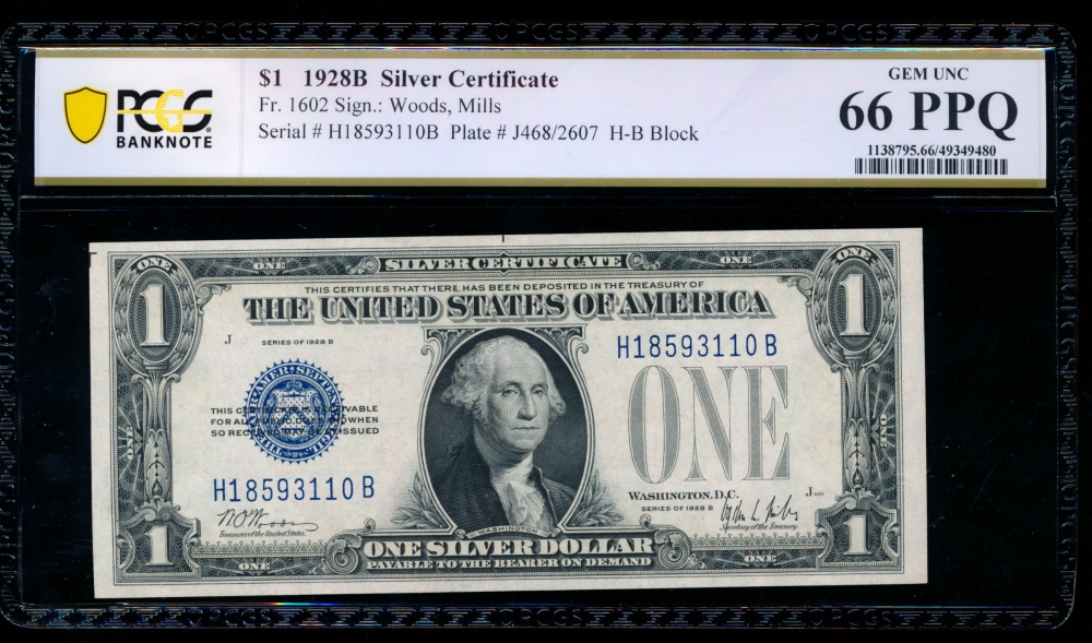 Fr. 1602 1928B $1  Silver Certificate HB block PCGS 66PPQ H18593110B