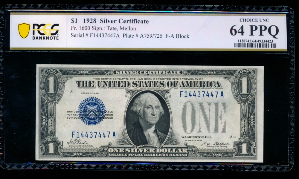 Fr. 1600 1928 $1  Silver Certificate FA block PCGS 64PPQ F14437447A