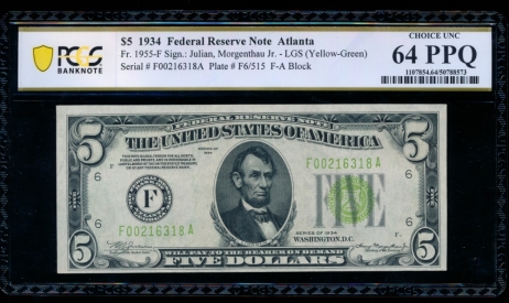 Fr. 1955-F 1934 $5  Federal Reserve Note Atlanta LGS PCGS 64PPQ F00216318A