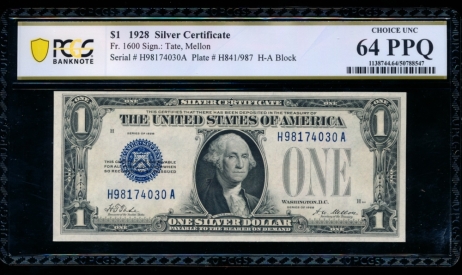 Fr. 1600 1928 $1  Silver Certificate HA block PCGS 64PPQ H98174030A