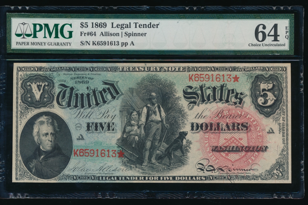 Fr. 64 1869 $5  Legal Tender  PMG 64EPQ K8591613*