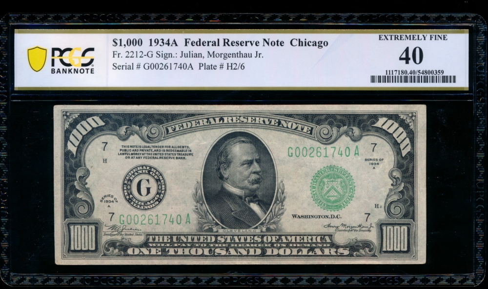 Fr. 2212-G 1934A $1,000  Federal Reserve Note Chicago PCGS 40 G00261740A