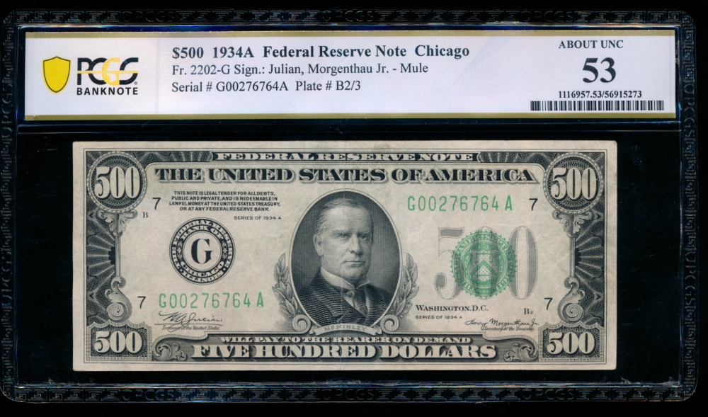Fr. 2202-G 1934A $500  Federal Reserve Note Chicago PCGS 53 G00276764A