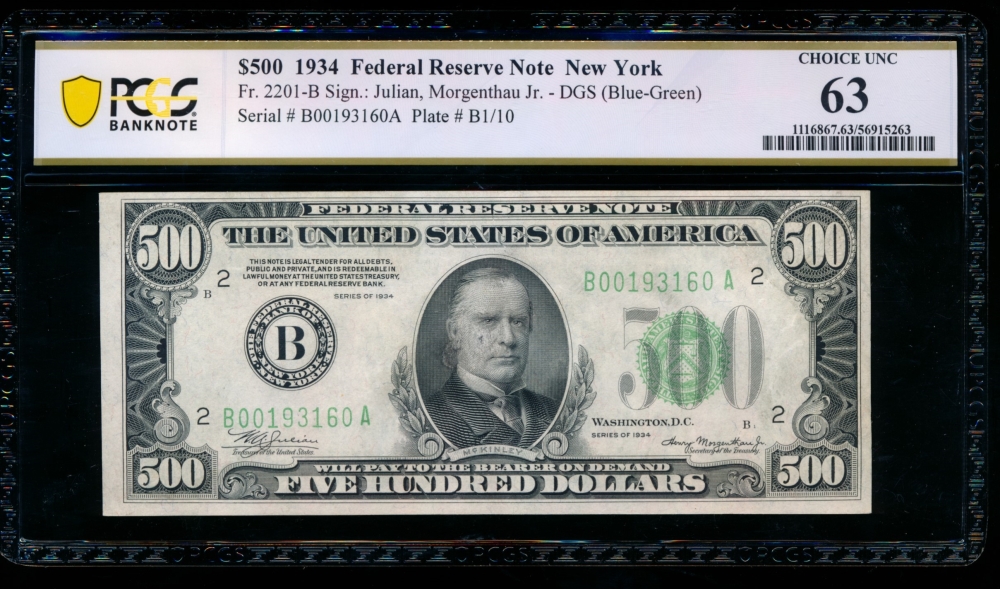 Fr. 2201-B 1934 $500  Federal Reserve Note New York PCGS 63 comment B00193160A