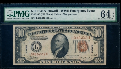 Fr. 2303 1934A $10  Hawaii  PMG 64EPQ L50804549B