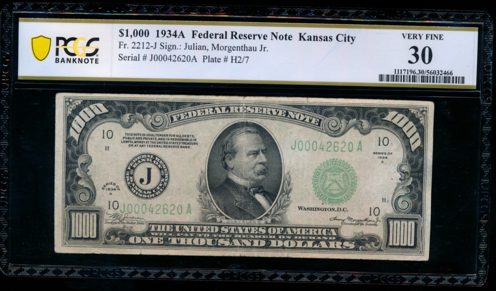 Fr. 2212-J 1934A $1,000  Federal Reserve Note Kansas City PCGS 30 comment J00042620A