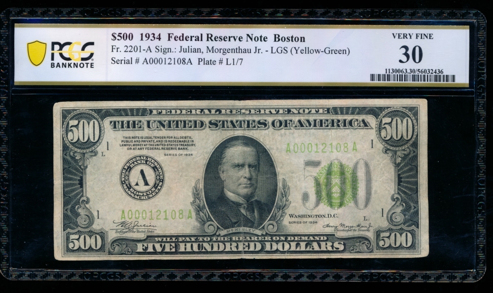 Fr. 2201-A 1934 $500  Federal Reserve Note Boston LGS PCGS 30 A00012108A