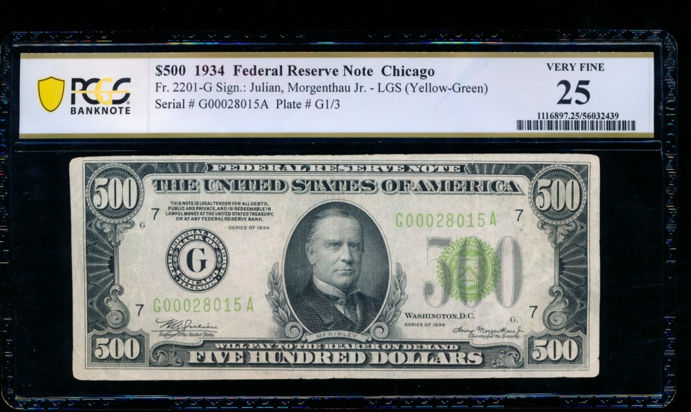 Fr. 2201-G 1934 $500  Federal Reserve Note Chicago LGS PCGS 25 G00028015A