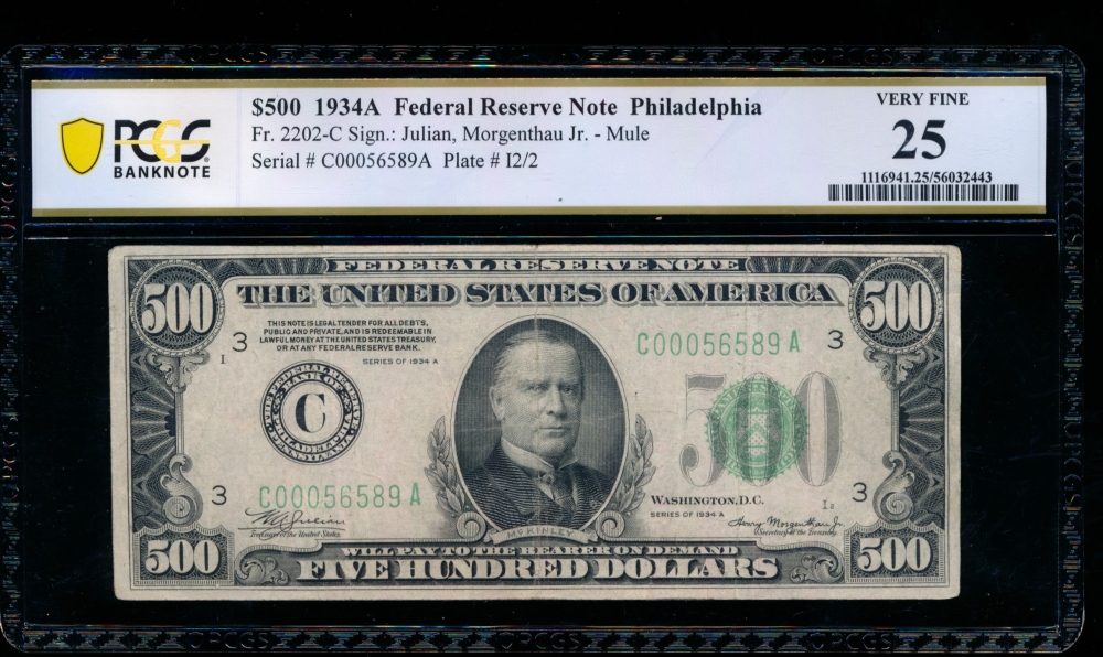 Fr. 2202-C 1934A $500  Federal Reserve Note Philadelphia PCGS 25 C00056589A