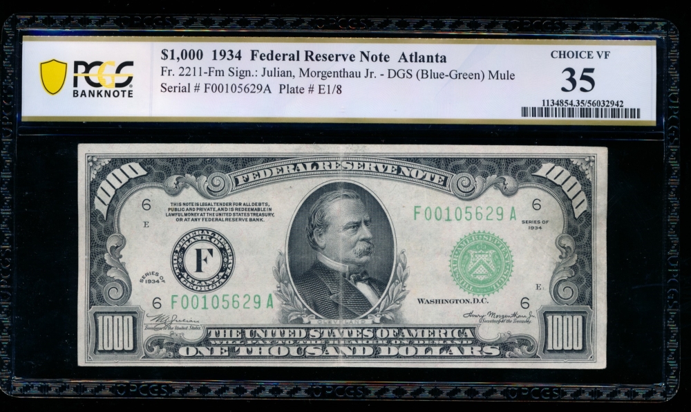 Fr. 2211-F 1934 $1,000  Federal Reserve Note Atlanta PCGS 35 F00105629A
