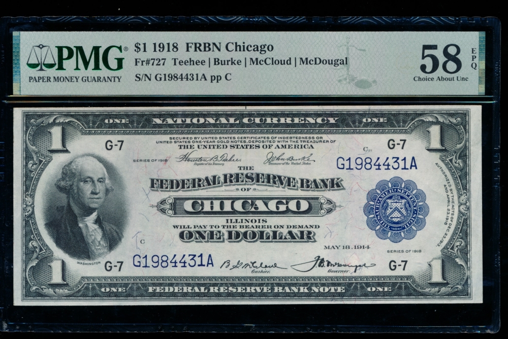 Fr. 727 1918 $1  FRBN Chicago PMG 58EPQ G1984431A