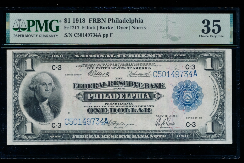 Fr. 717 1918 $1  FRBN Philadelphia PMG 35 C50149734A