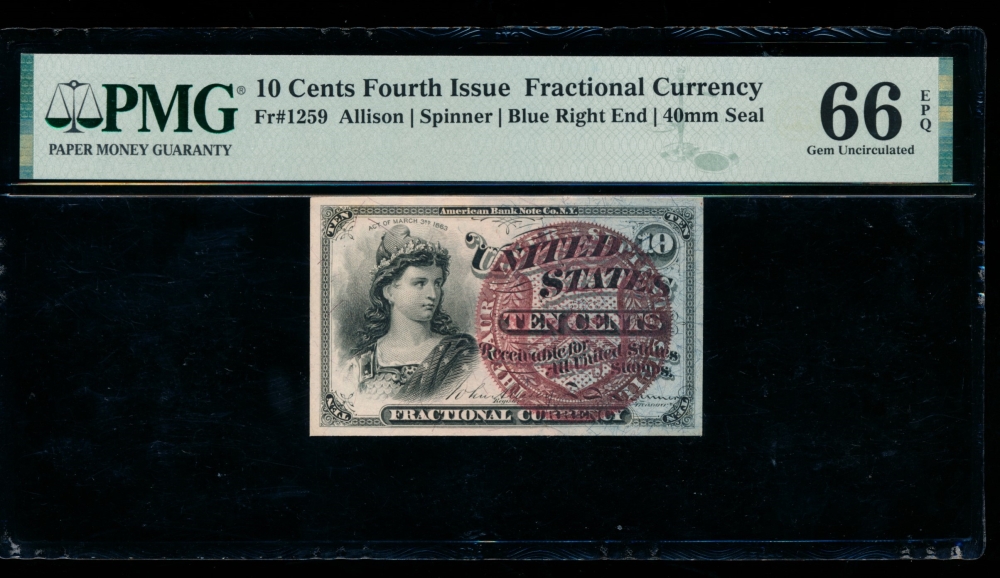 Fr. 1259  $0.10  Fractional Fourth Issue: Blue Right End, 40mm Seal PMG 66EPQ no serial number