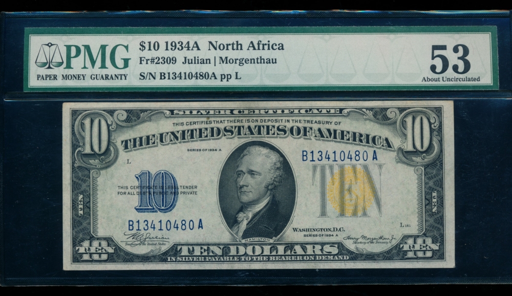 Fr. 2309 1934A $10  North Africa BA block PMG 53 B13410480A