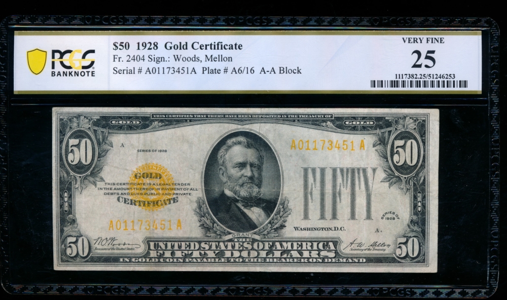 Fr. 2404 1928 $50  Gold Certificate  PCGS 25 A01173451A