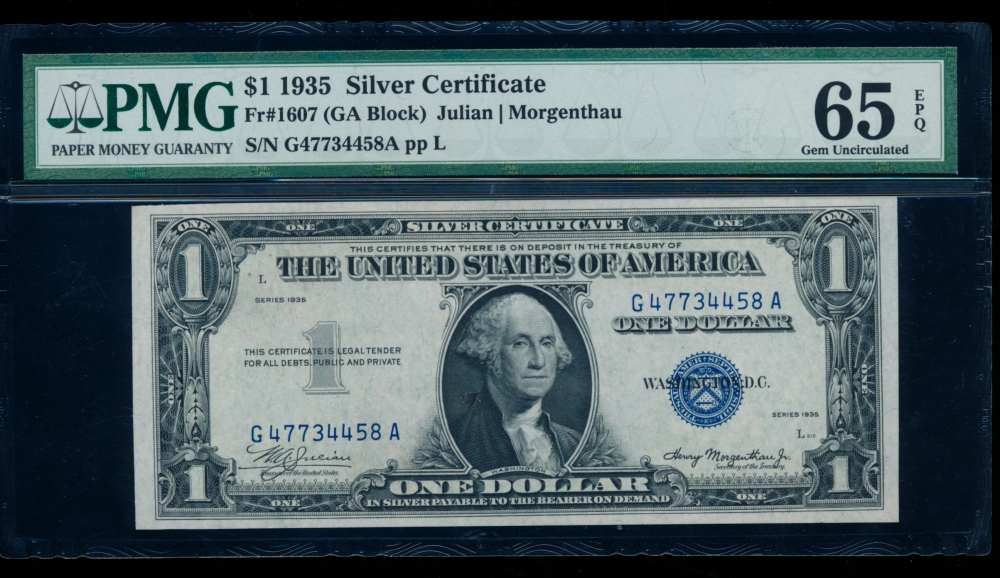 Fr. 1607 1935 $1  Silver Certificate GA block PMG 65EPQ G47734458A