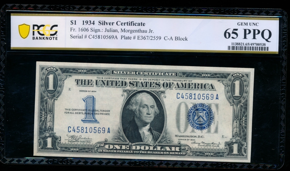 Fr. 1606 1934 $1  Silver Certificate CA block PCGS 65PPQ C45810569A