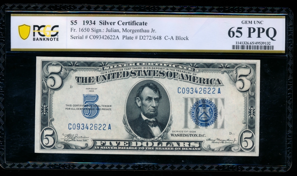 Fr. 1650 1934 $5  Silver Certificate CA block PCGS 65PPQ C09342622A